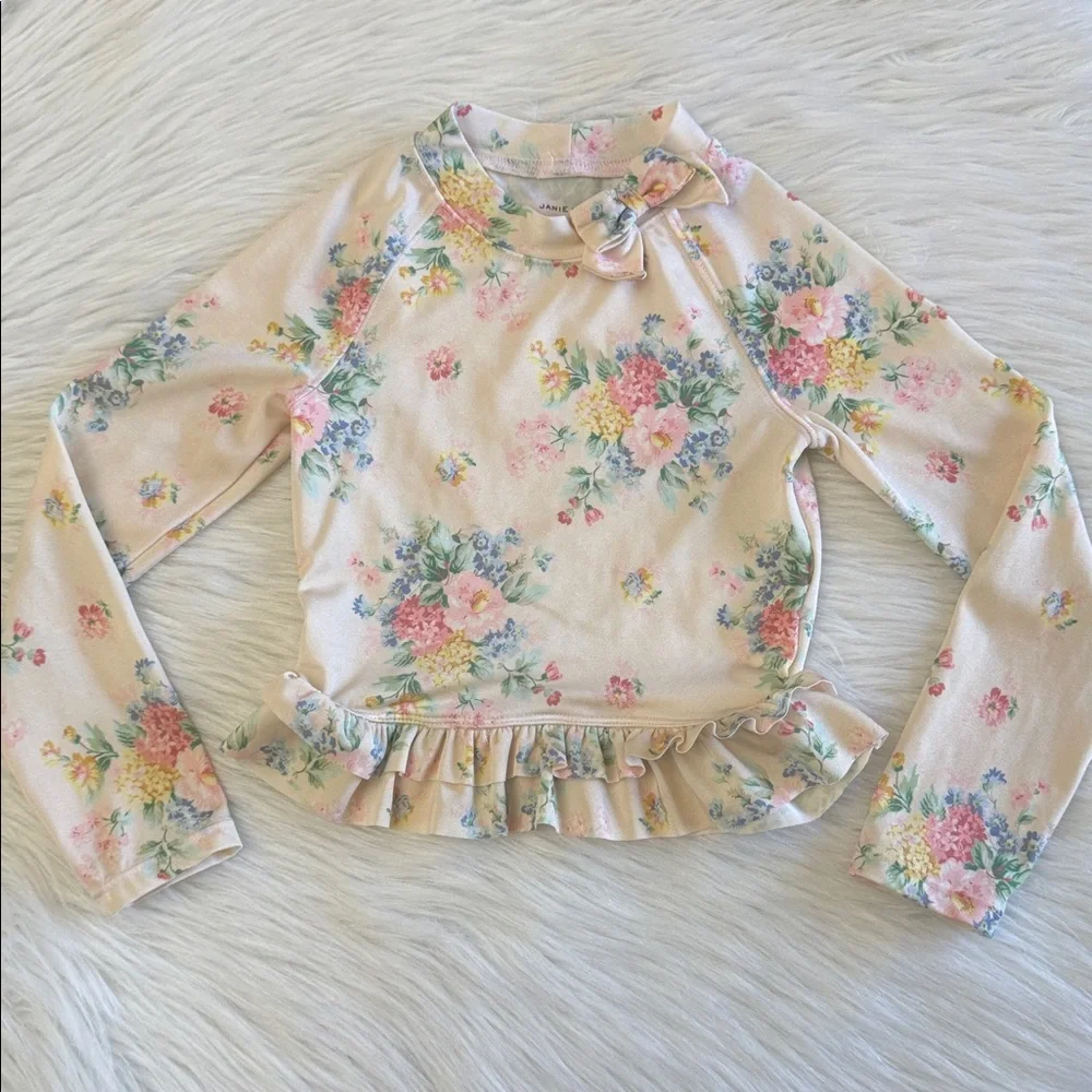 Janie and Jack Girl Petal Pink Floral Rash Guard Long Sleeve Top Size 4